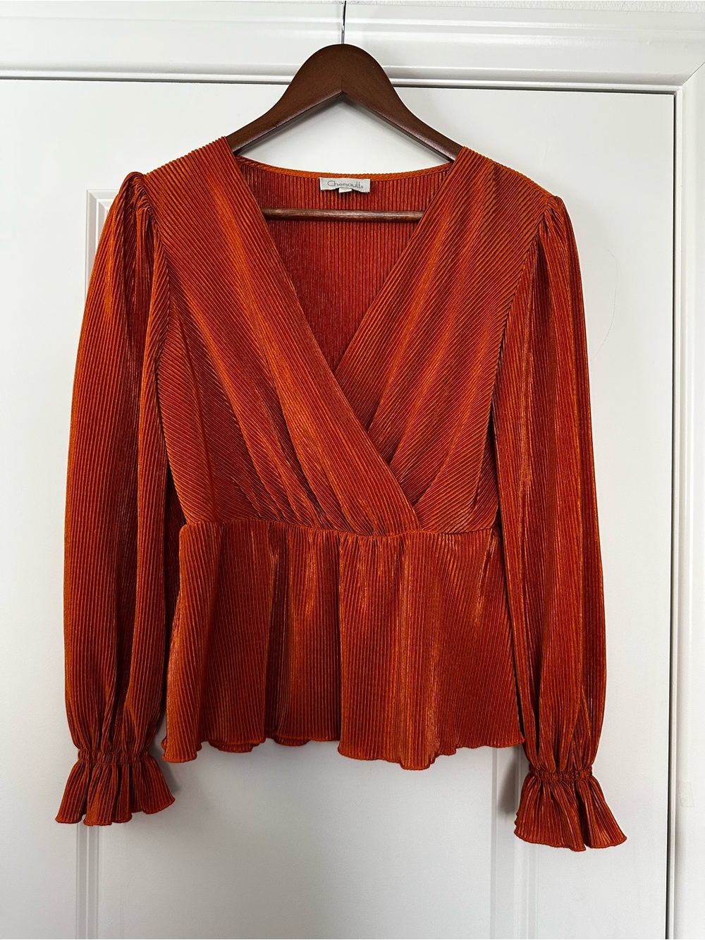 Chenault Rust Velvet Wrap Peplum Blouse Ruffle Cuff Size Small